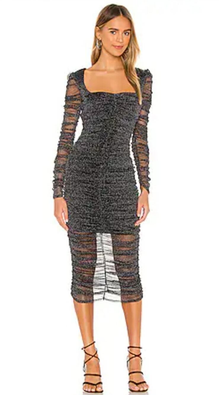Jonathan Simkhai Standard Zinnia Ruched Midi Dress in Black Metallic Medium NWT